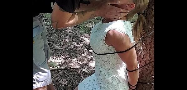  Belgian milf gets tied up in woods and sucks dick